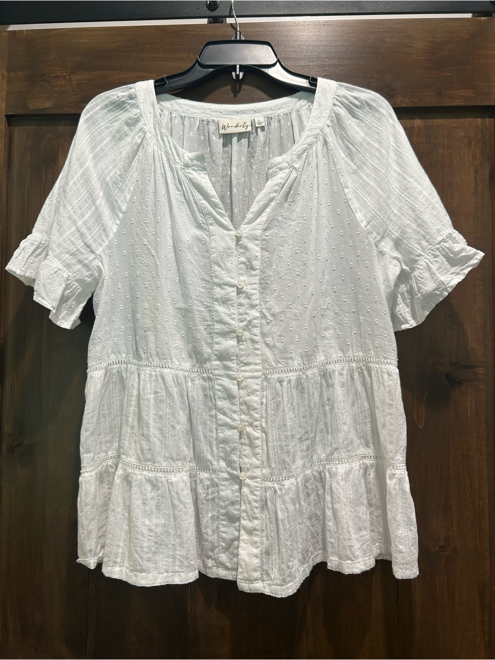 M378 Wonderly White Button-Front Eyelet Peasant Blouse Sz. L